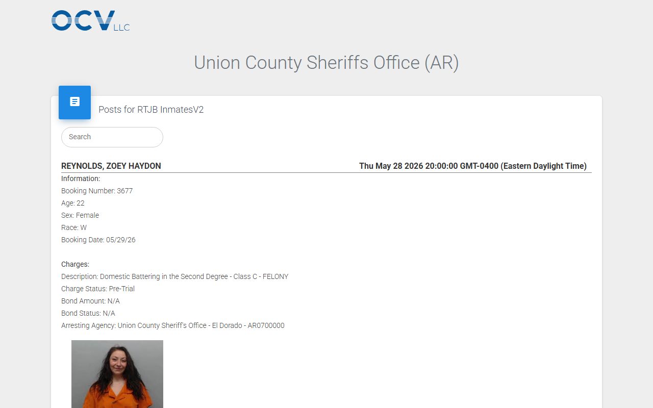 Union County Sheriff's Office OCV inmate roster interface
